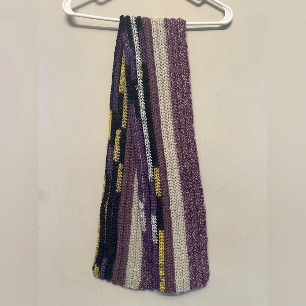 Hand Knit Purple and Cream with Yellow Accent Striped Scarf